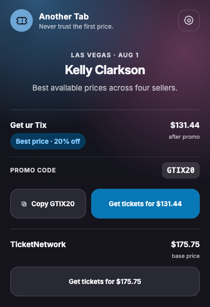 Another Tab showing alternative concert ticket offers